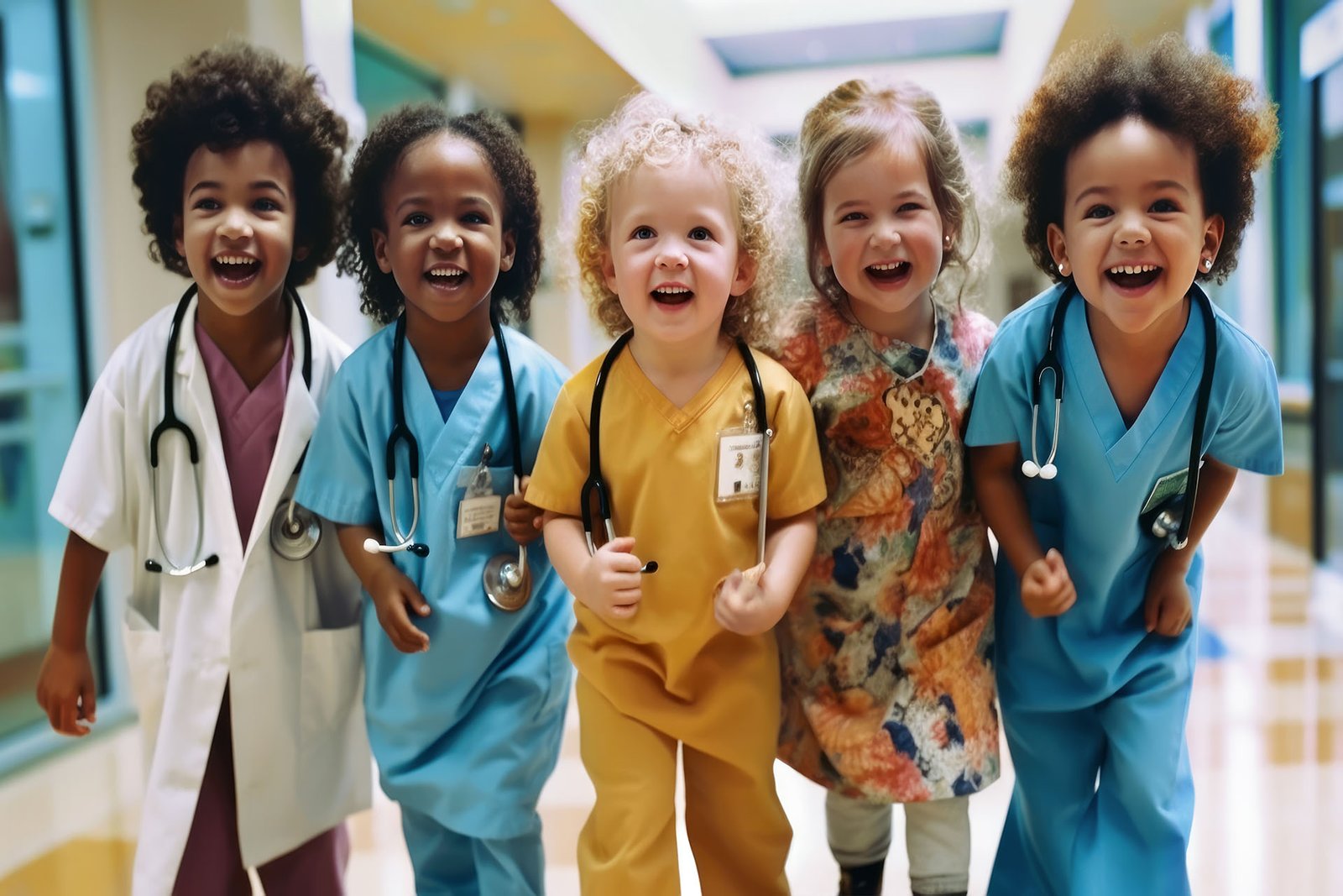 Five smiling children dressed as doctors in a hospital hallway